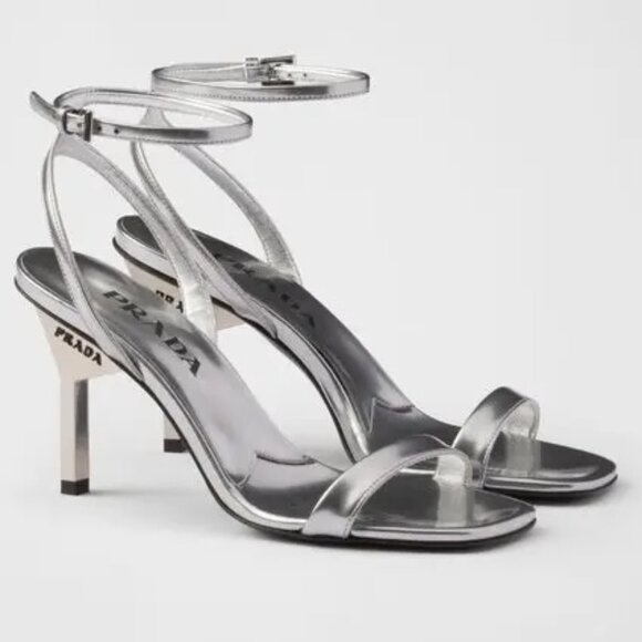 PRADA Metallic Leather Logo Triangle Heel Ankle Strap Sandals Heels Shoes - Picture 2 of 15